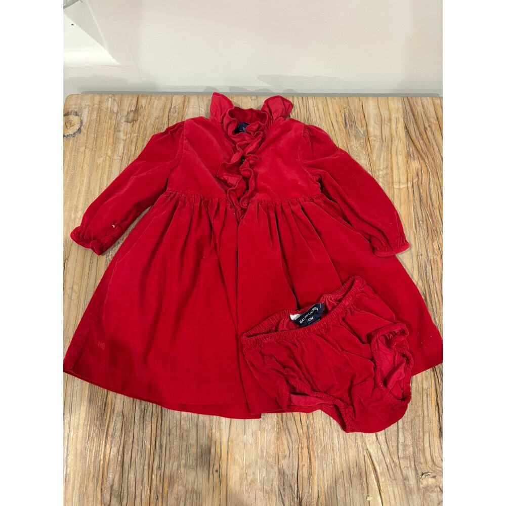 Ralph Lauren Baby Girls Red Corduroy Holiday Dress & Bloomers – Size 12M